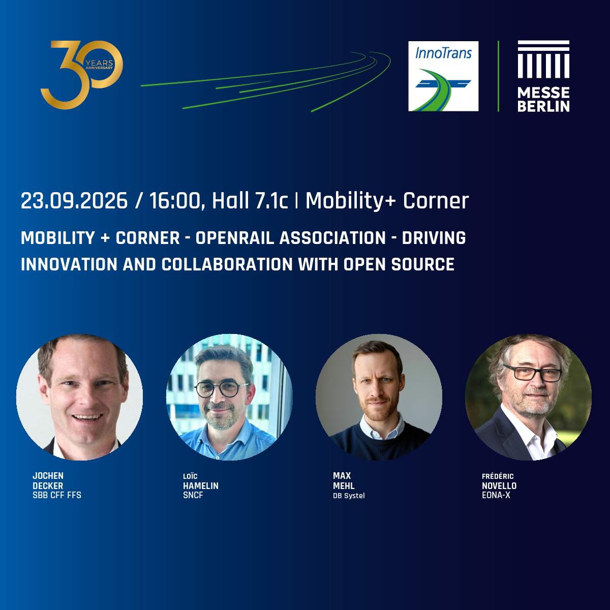 Mobility+ Corner speaker lineup: Jochen Decker, Loïc Hamelin, Max Mehl, Frédéric Novello