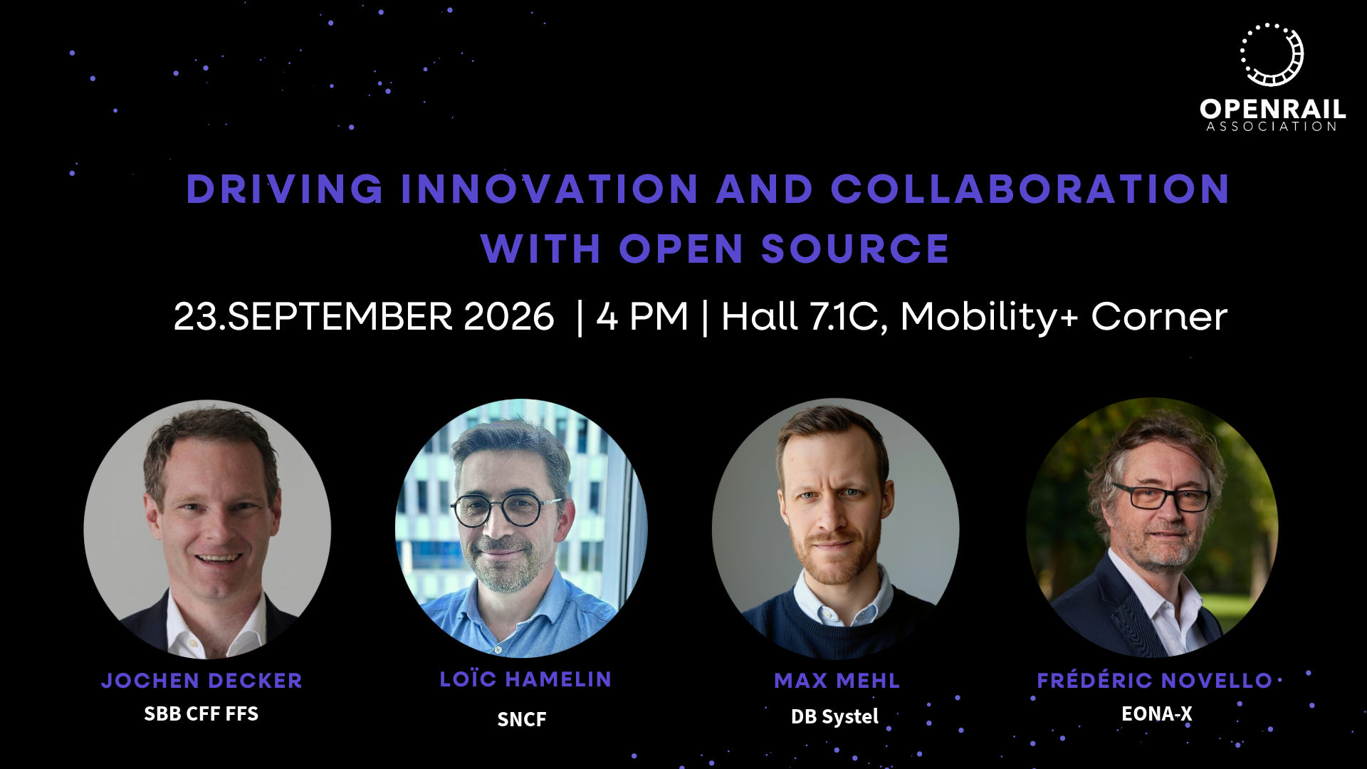 Mobility+ Corner speaker lineup: Jochen Decker, Loïc Hamelin, Max Mehl, Frédéric Novello