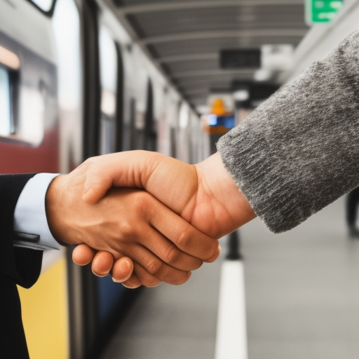 A handshake in front of a train