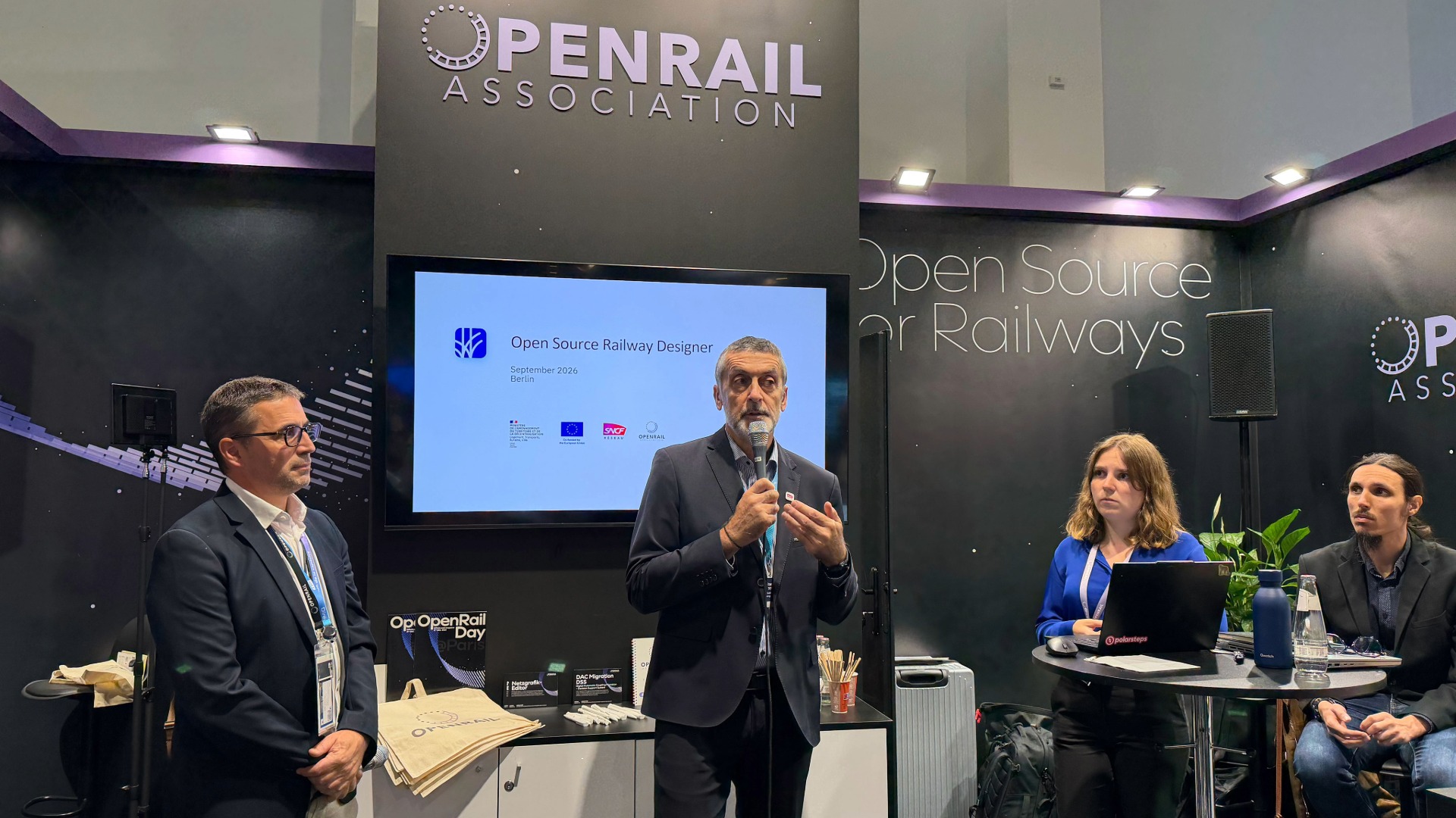 Olivier Bancel delivering an address on OSRD at the OpenRail Association stand at InnoTrans 2026